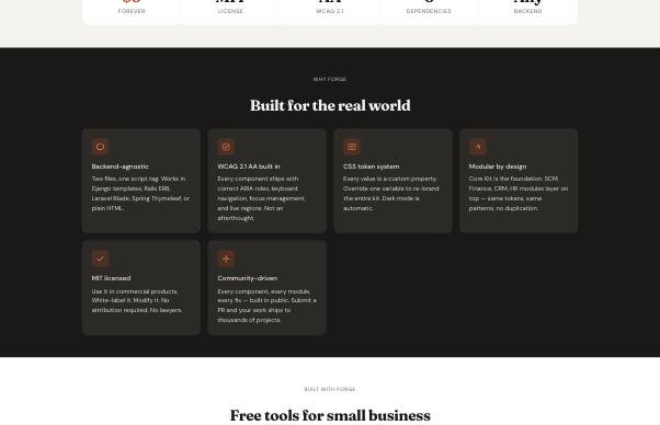 Forge UI feature grid: backend-agnostic, WCAG AA, CSS token system, modular design