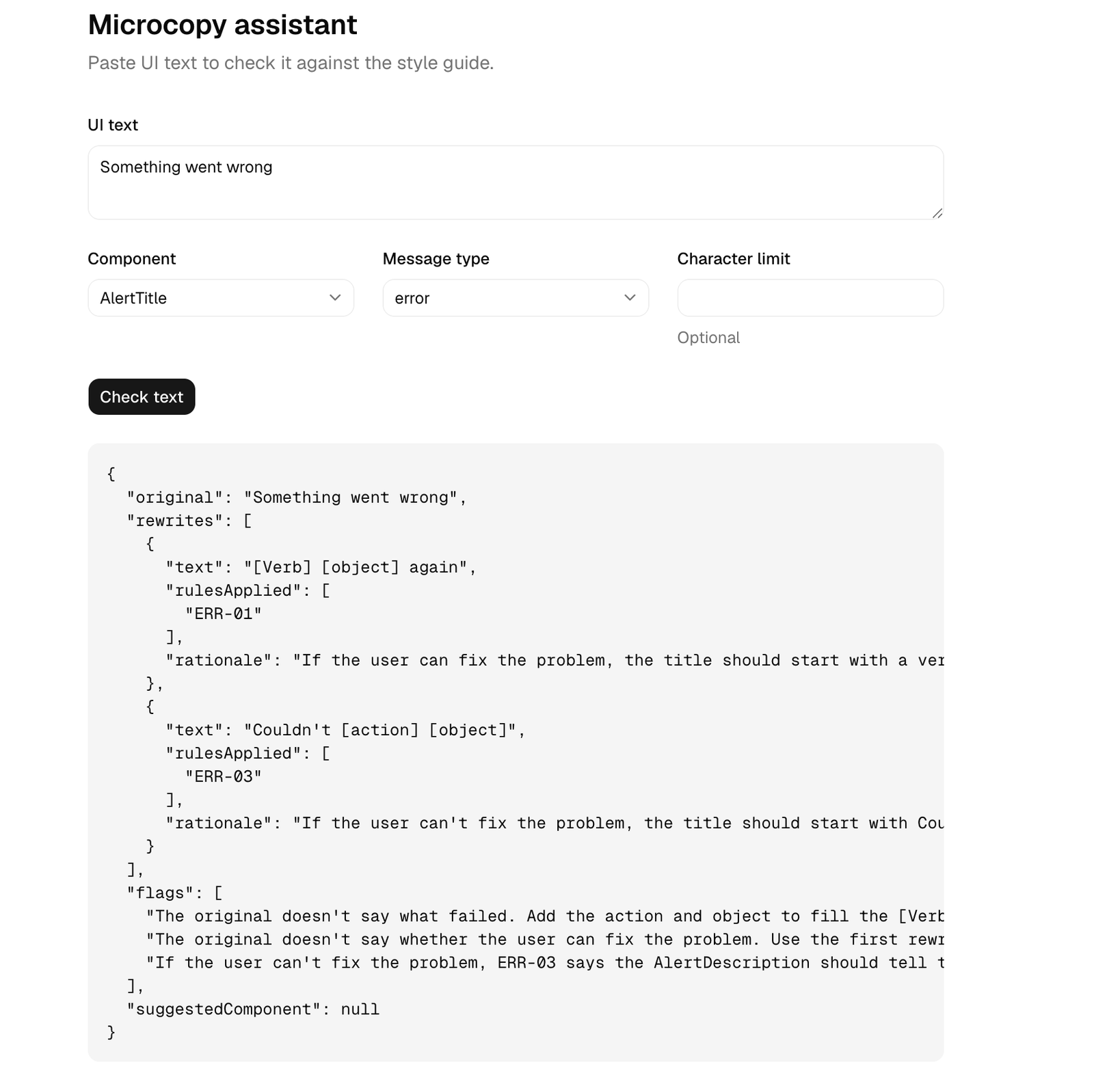 An early version of the tool showing Claude's answer as a block of raw JSON under the form.
