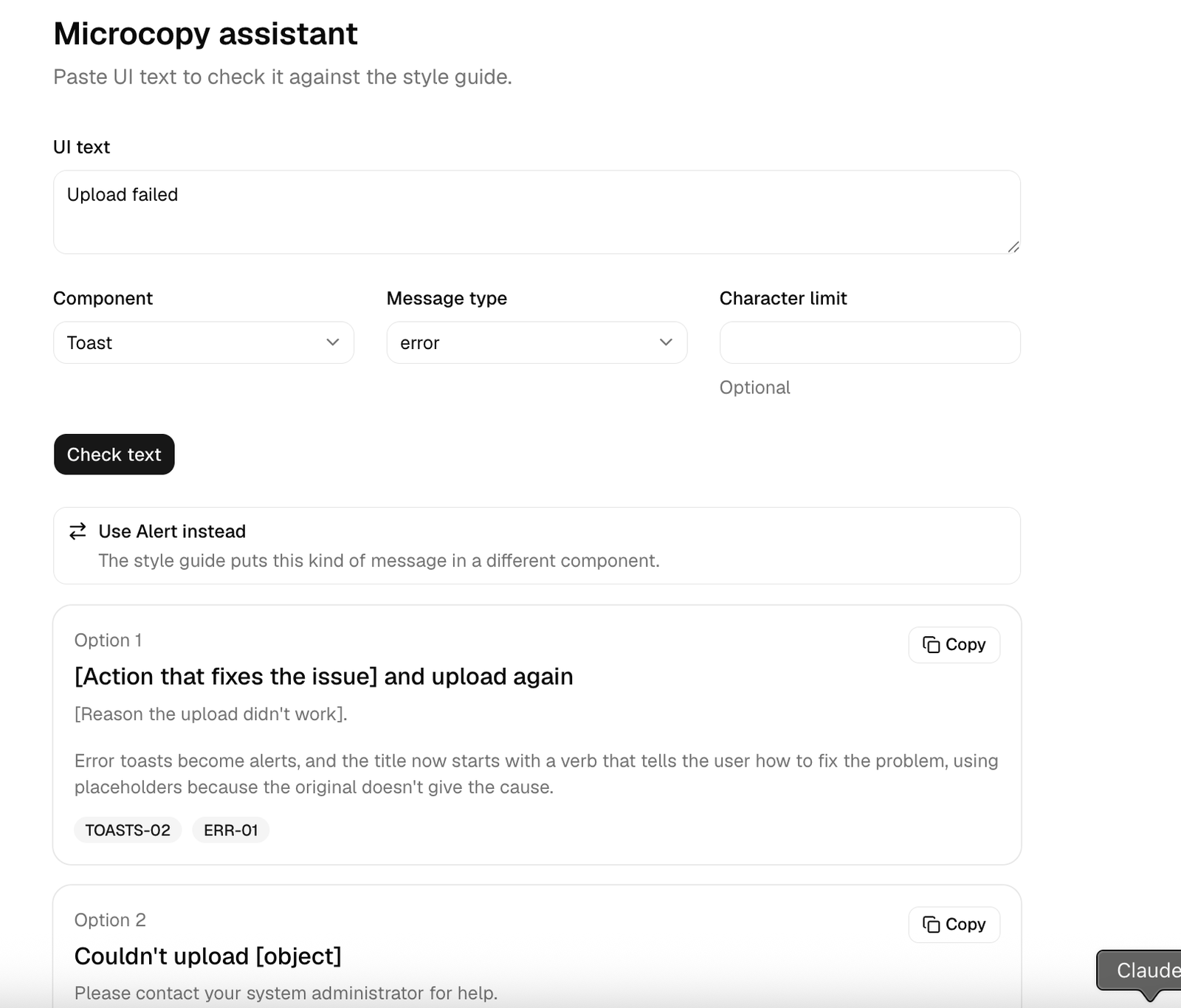 The tool suggesting 'Use Alert instead' for an error toast, with two rewrite options using placeholders: one starting with the fix, one starting with Couldn't.