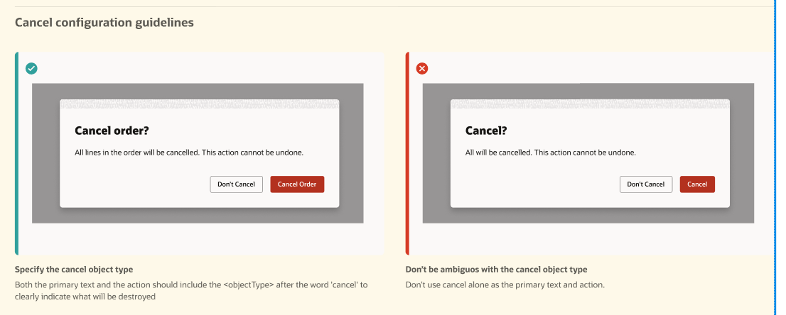 Cancel configuration guidelines, correct vs incorrect examples