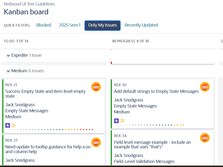 REX JIRA Kanban Board, filtered to my own tickets